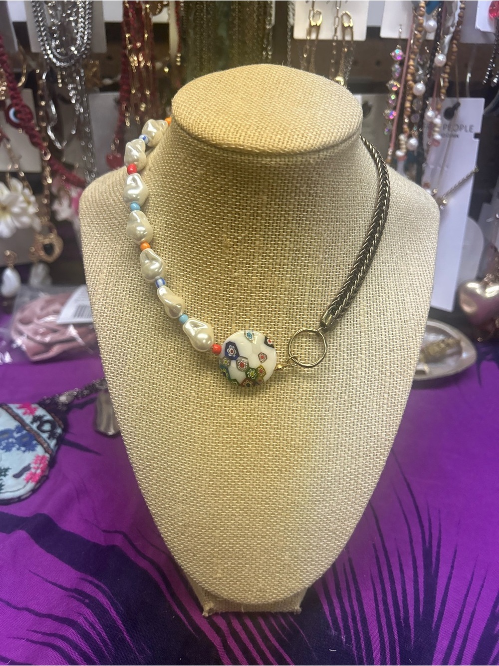 NWOT Free People Pearl & Ceramic Bead Split Chain Necklace